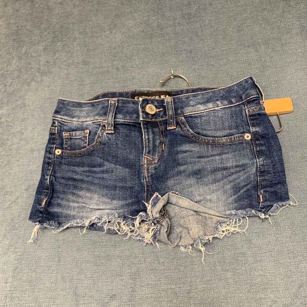 Express Jeans Shorts Womens 0 Blue Denim Stretch Frayed Hem Boho Faded Whiskers